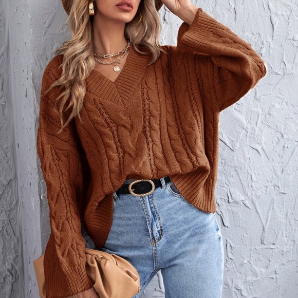V neck Chunky Knit Cable Oversized Sweater Khaki - Picture 6 of 14